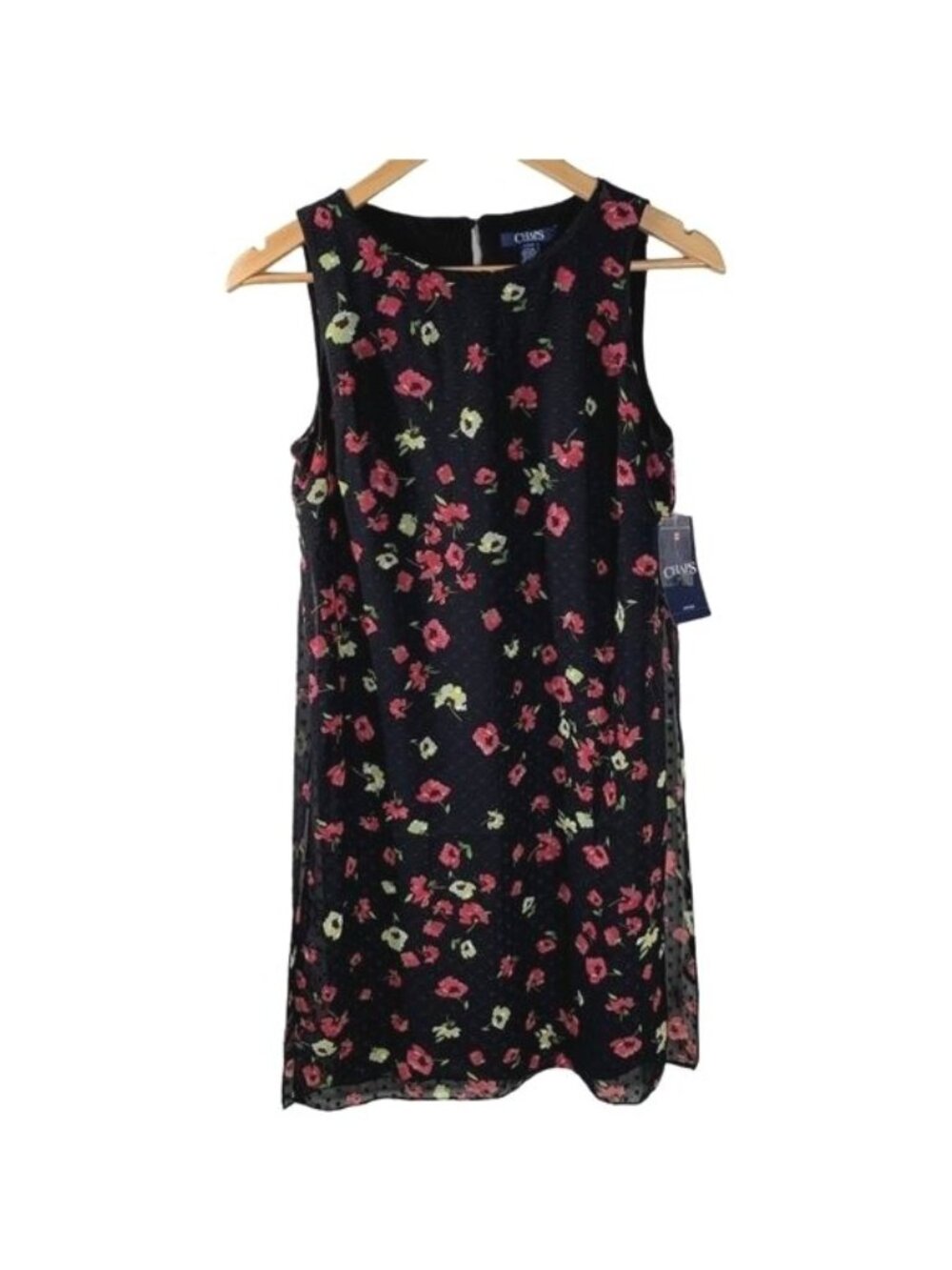 Chaps Floral Dress Womens Small Black Sleeveless Sheer Overlay Midi Dress
